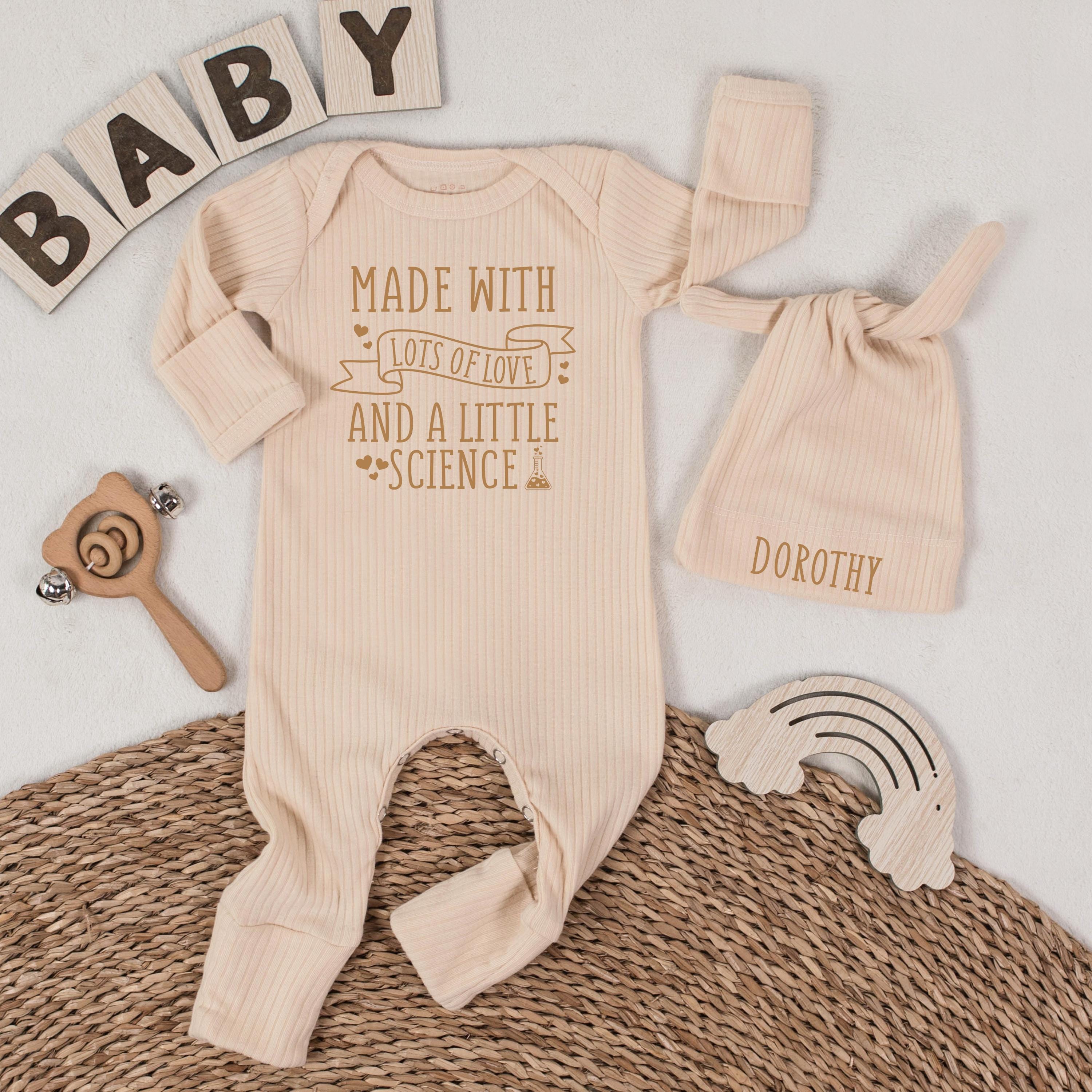 Made with Lots of Love and a Little Science Baby Bodysuit and Hat Set, Cute IVF Pregnancy Announcement Outfit with Custom Name