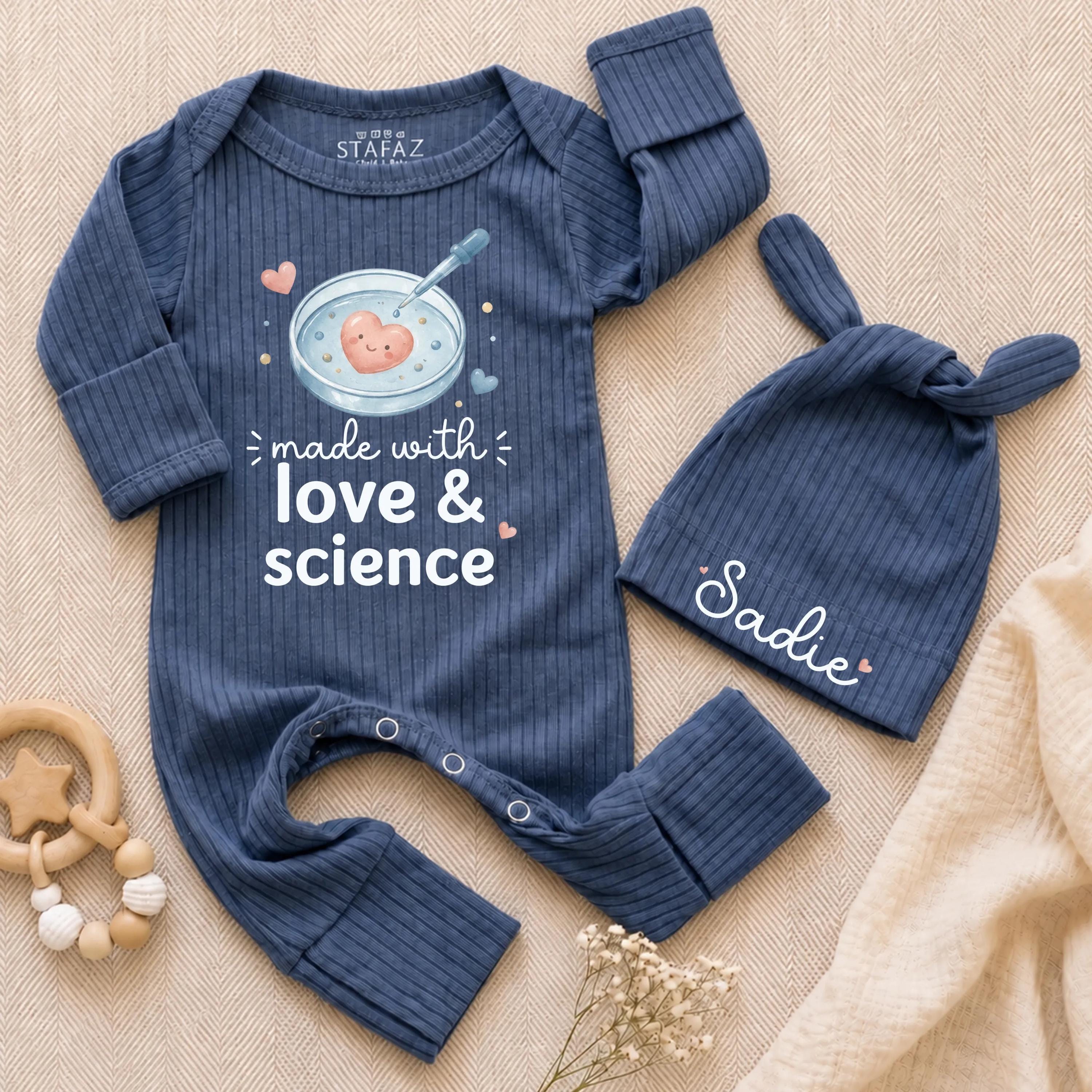 Made with Love & Science Baby Bodysuit and Hat Set, Ribbed Newborn Coming Home Outfit with Custom Name, IVF Baby Gift