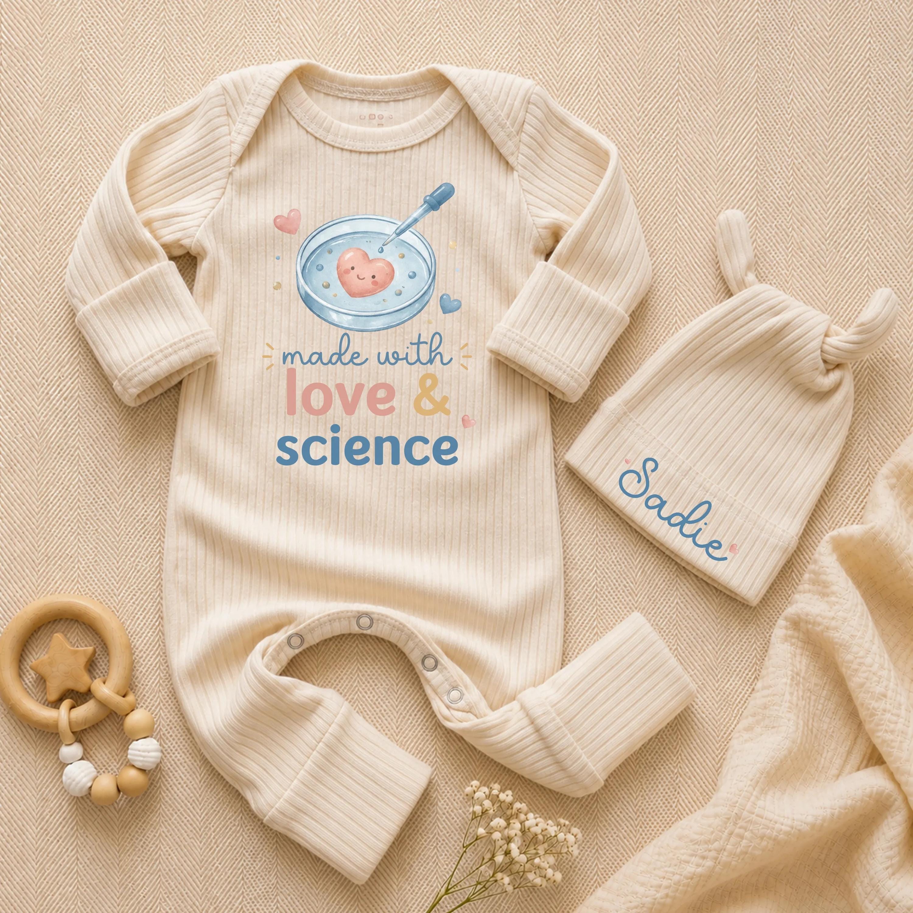 Made with Love & Science Baby Bodysuit and Hat Set, Ribbed Newborn Coming Home Outfit with Custom Name, IVF Baby Gift