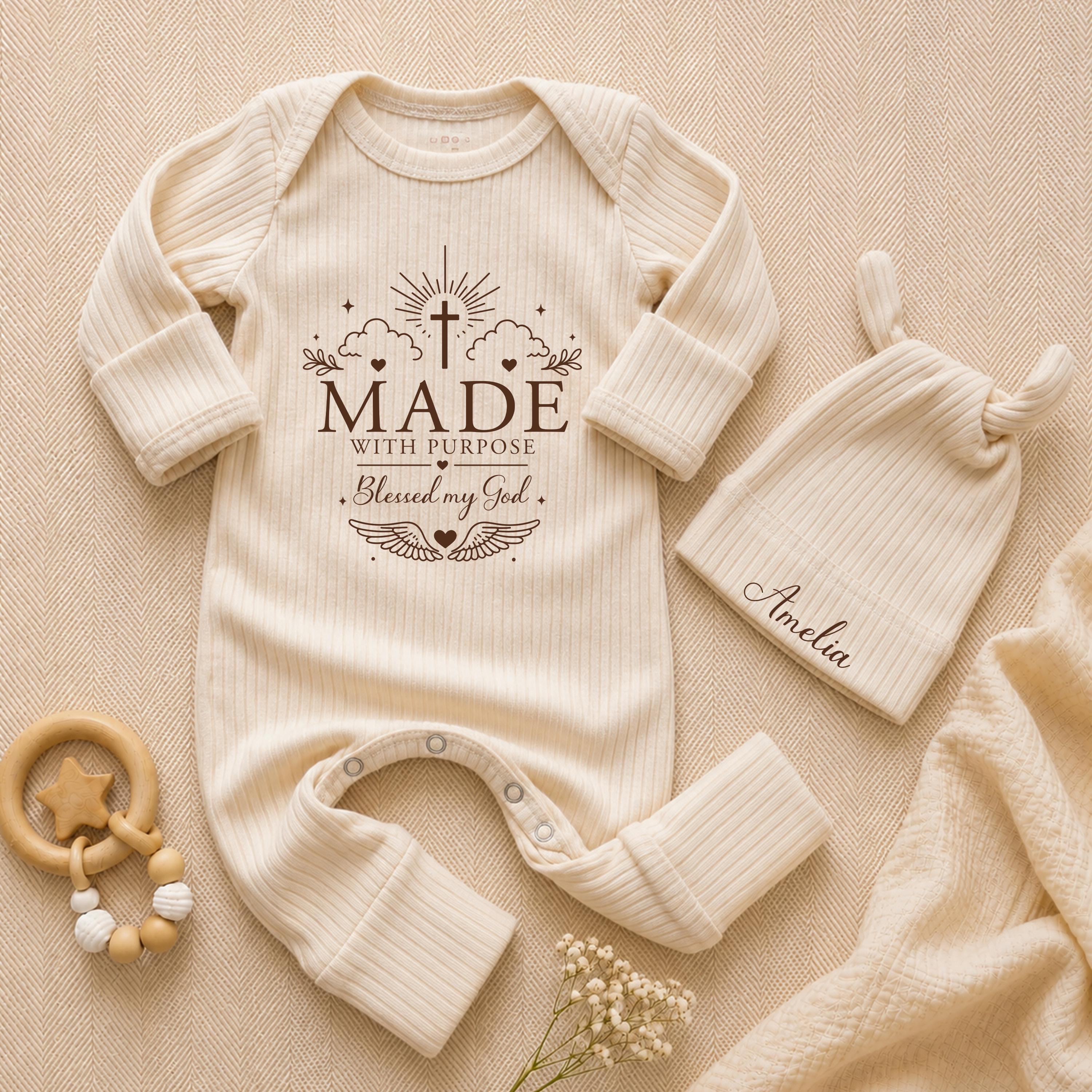 Made with Purpose Blessed by God Baby Bodysuit and Hat Set, Neutral Newborn Outfit with Custom Name, Infant Coming Home Gift