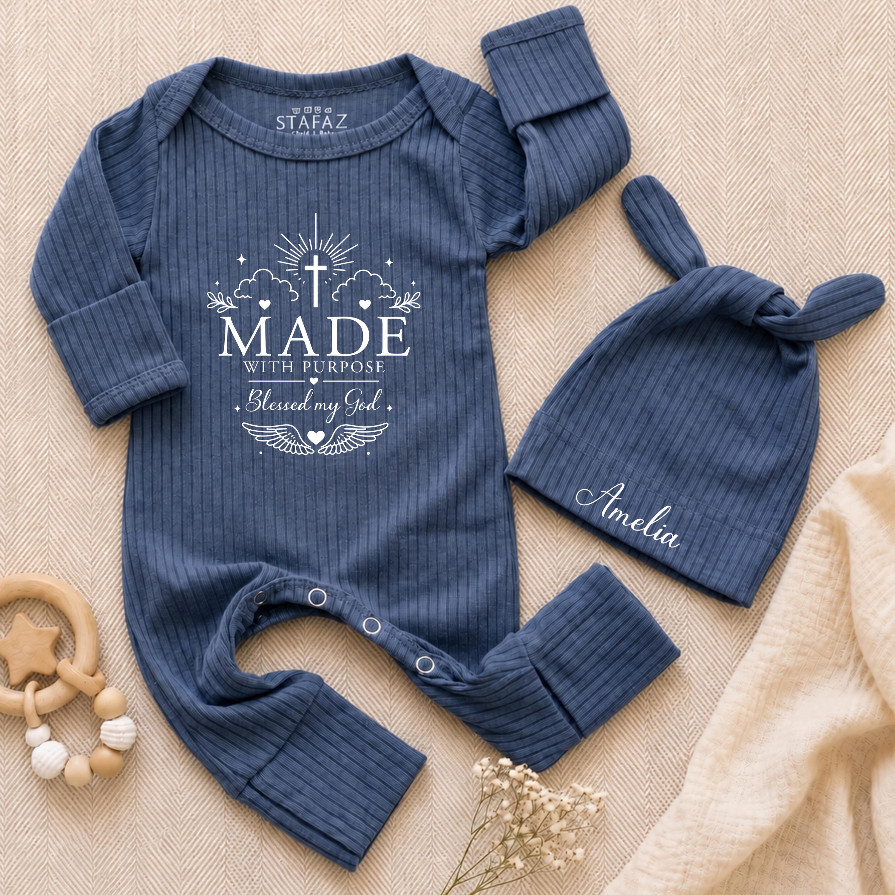 Made with Purpose Blessed by God Baby Bodysuit and Hat Set, Neutral Newborn Outfit with Custom Name, Infant Coming Home Gift