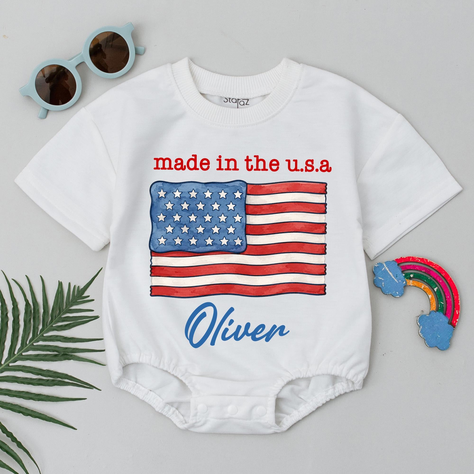 Made in the USA Baby Romper with American Flag Graphic and Custom Name, Patriotic 4th of July Infant Outfit, Independence Day Gift