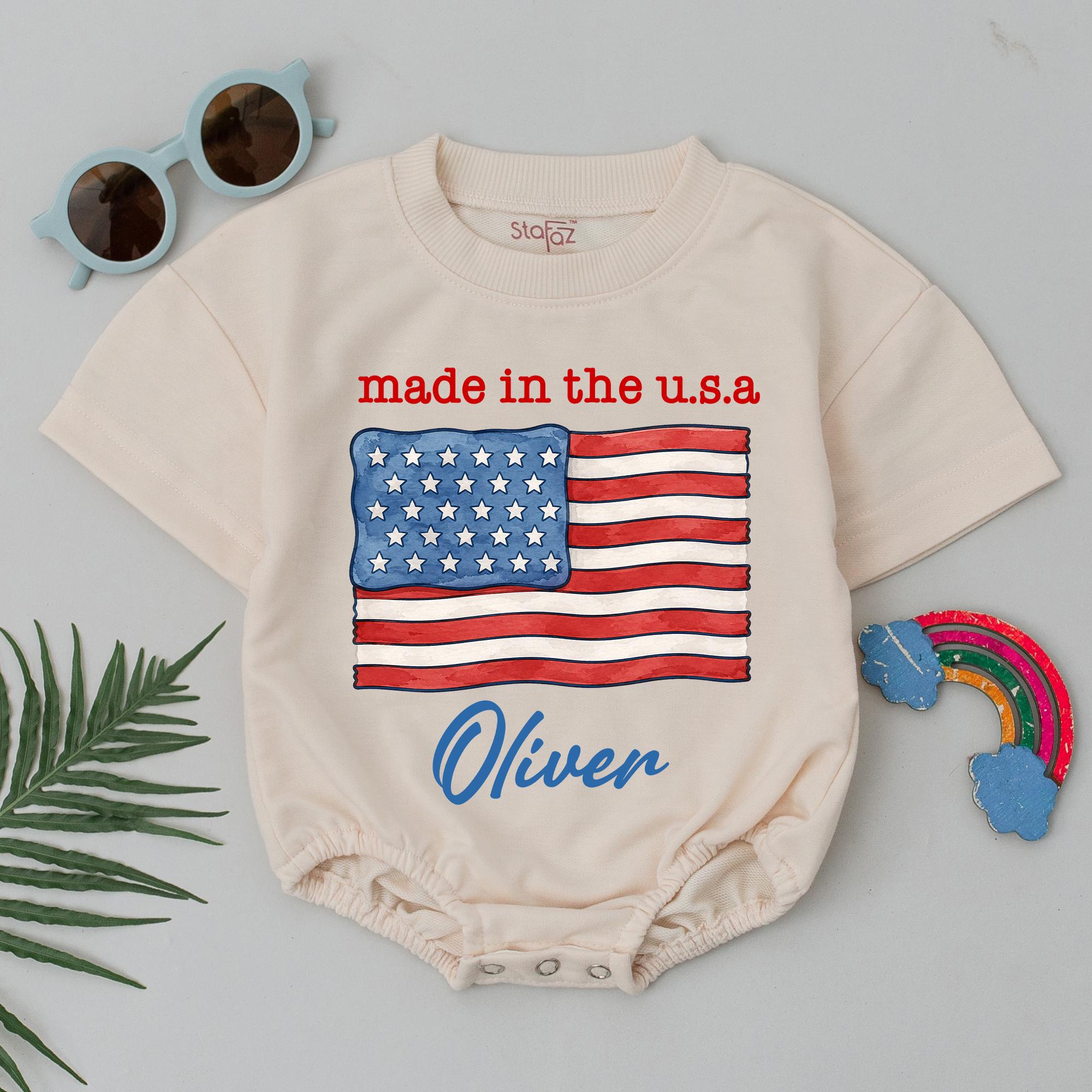 Made in the USA Baby Romper with American Flag Graphic and Custom Name, Patriotic 4th of July Infant Outfit, Independence Day Gift