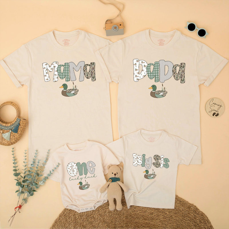 Mallard Duck 1st Birthday Family Shirts Custom Baby Boy Big Sis Matching Tees Sage Green Rustic Outfit Cute One Lucky Duck Party Gift