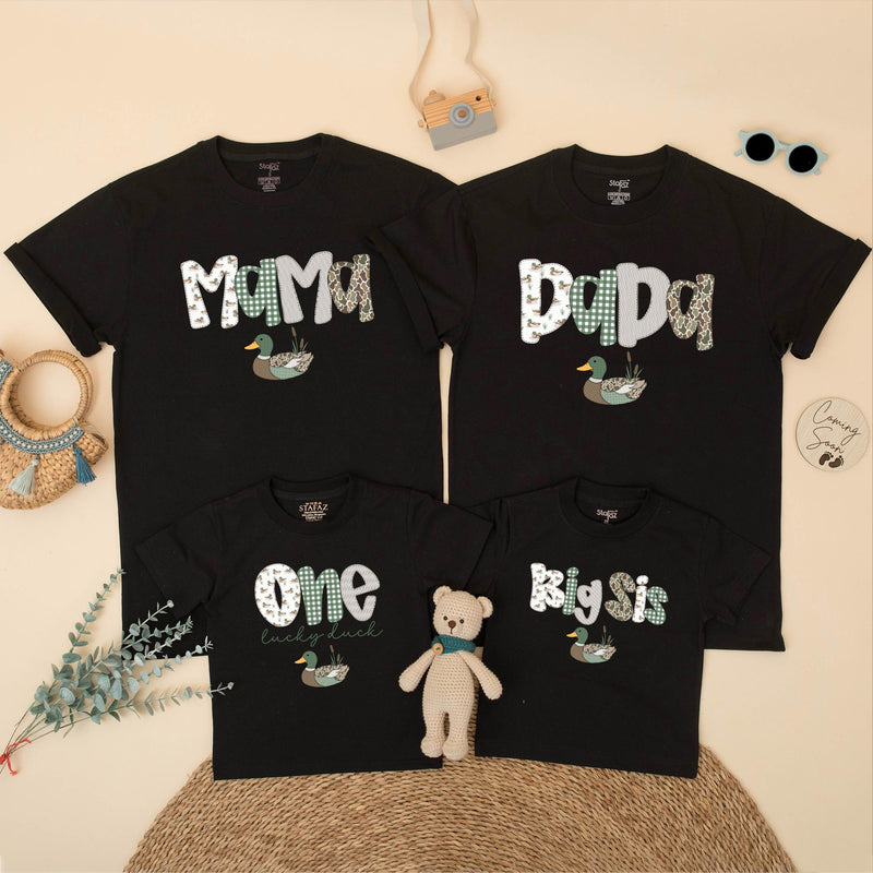 Mallard Duck 1st Birthday Family Shirts Custom Baby Boy Big Sis Matching Tees Sage Green Rustic Outfit Cute One Lucky Duck Party Gift