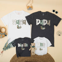 Mallard Duck 1st Birthday Family Shirts Custom Baby Boy Big Sis Matching Tees Sage Green Rustic Outfit Cute One Lucky Duck Party Gift