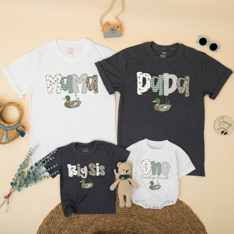 Mallard Duck 1st Birthday Family Shirts Custom Baby Boy Big Sis Matching Tees Sage Green Rustic Outfit Cute One Lucky Duck Party Gift