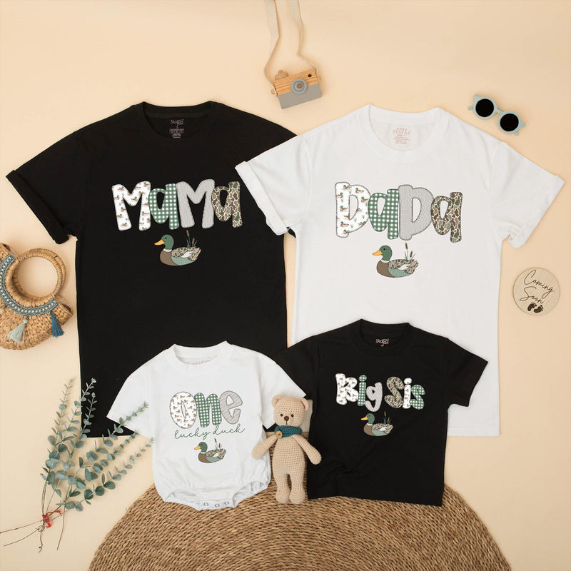 Mallard Duck 1st Birthday Family Shirts Custom Baby Boy Big Sis Matching Tees Sage Green Rustic Outfit Cute One Lucky Duck Party Gift