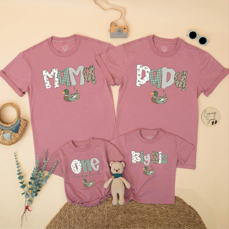 Mallard Duck 1st Birthday Family Shirts Custom Baby Boy Big Sis Matching Tees Sage Green Rustic Outfit Cute One Lucky Duck Party Gift