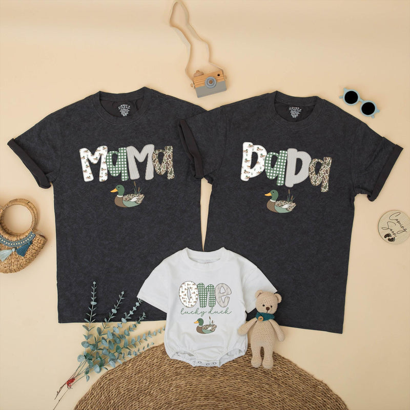 Mallard Duck 1st Birthday Family Shirts Custom Baby Boy Big Sis Matching Tees Sage Green Rustic Outfit Cute One Lucky Duck Party Gift