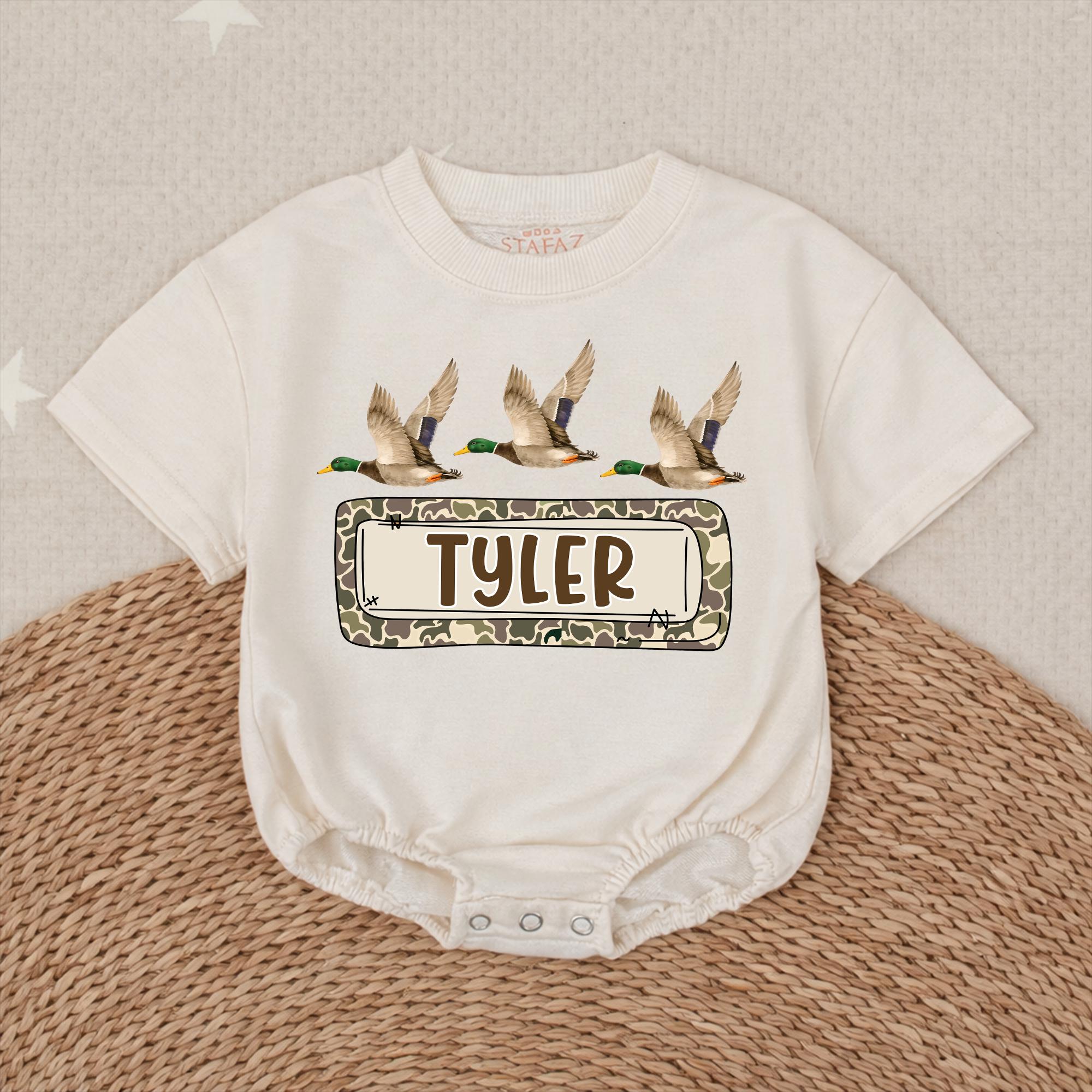 Mallard Duck Baby Romper with Camouflage Name Graphic, Hunting Season Infant Outfit for Boys, Personalized Baby Shower Gift