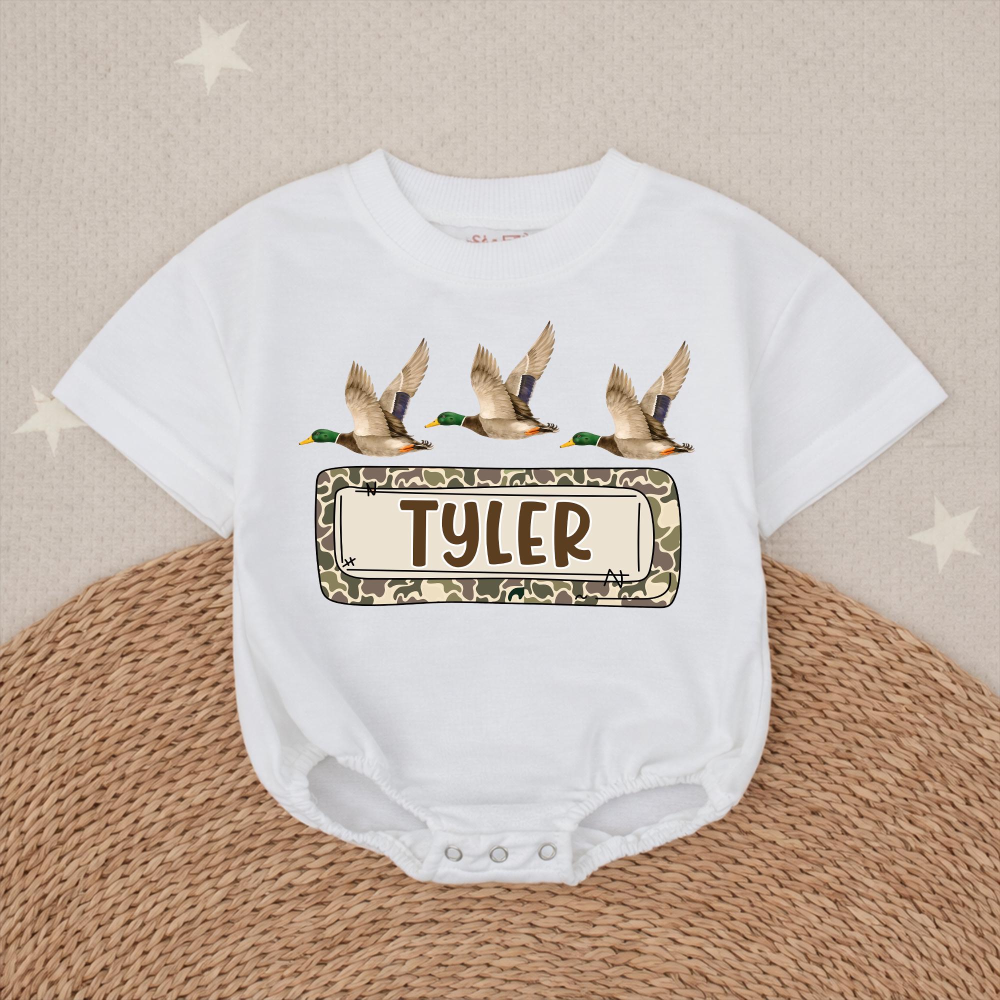 Mallard Duck Baby Romper with Camouflage Name Graphic, Hunting Season Infant Outfit for Boys, Personalized Baby Shower Gift