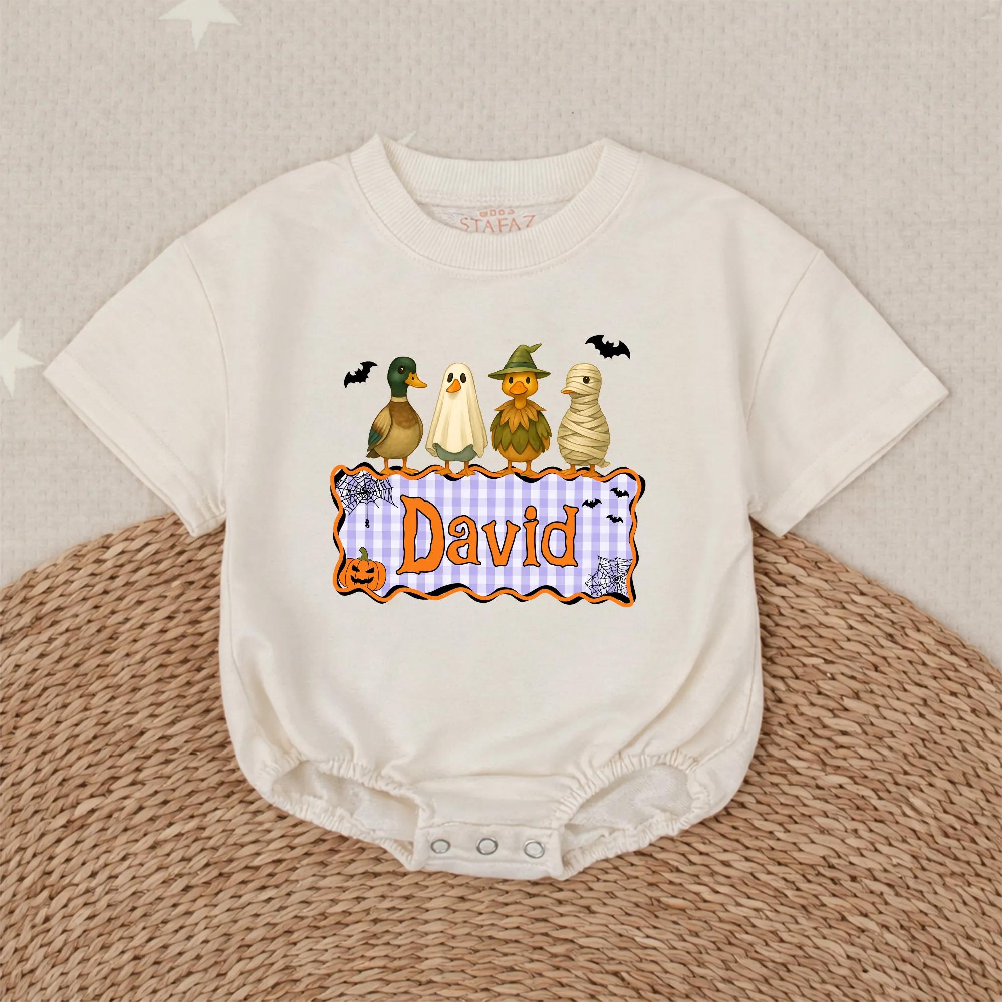 Mallard Duck Halloween Baby Romper with Ghost and Pumpkin Artwork, Custom Name Fall Outfit for Pumpkin Patch Photos