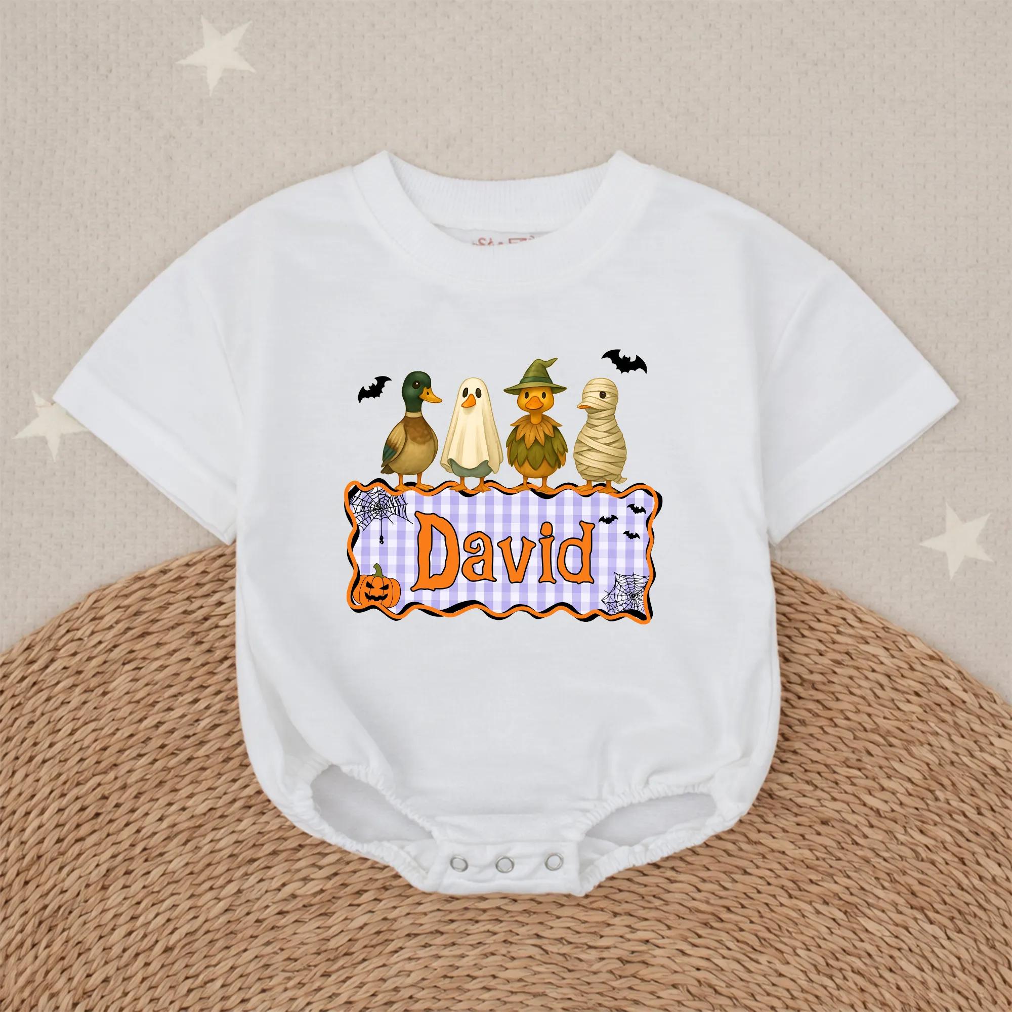 Mallard Duck Halloween Baby Romper with Ghost and Pumpkin Artwork, Custom Name Fall Outfit for Pumpkin Patch Photos