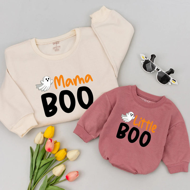 Mama Boo and Little Boo Halloween Matching Outfits Cute Ghost Design Mom Baby Shirts Family Holiday Look Soft Comfortable Festive Clothes