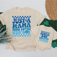 Mama and Boy Matching Shirts Retro Style Vibrant Blue Mother Son Outfit First Mother's Day Gift Family Bonding Smiley Face Design