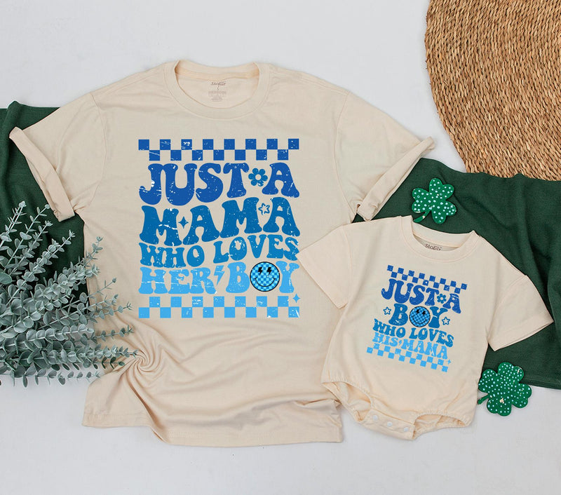 Mama and Boy Matching Shirts Retro Style Vibrant Blue Mother Son Outfit First Mother's Day Gift Family Bonding Smiley Face Design