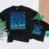 Mama and Boy Matching Shirts Retro Style Vibrant Blue Mother Son Outfit First Mother's Day Gift Family Bonding Smiley Face Design