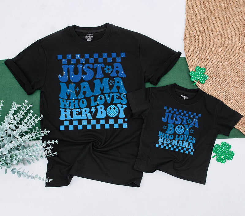 Mama and Boy Matching Shirts Retro Style Vibrant Blue Mother Son Outfit First Mother's Day Gift Family Bonding Smiley Face Design