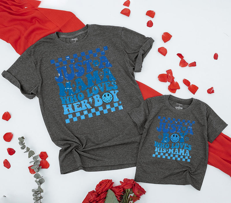 Mama and Boy Matching Shirts Retro Style Vibrant Blue Mother Son Outfit First Mother's Day Gift Family Bonding Smiley Face Design