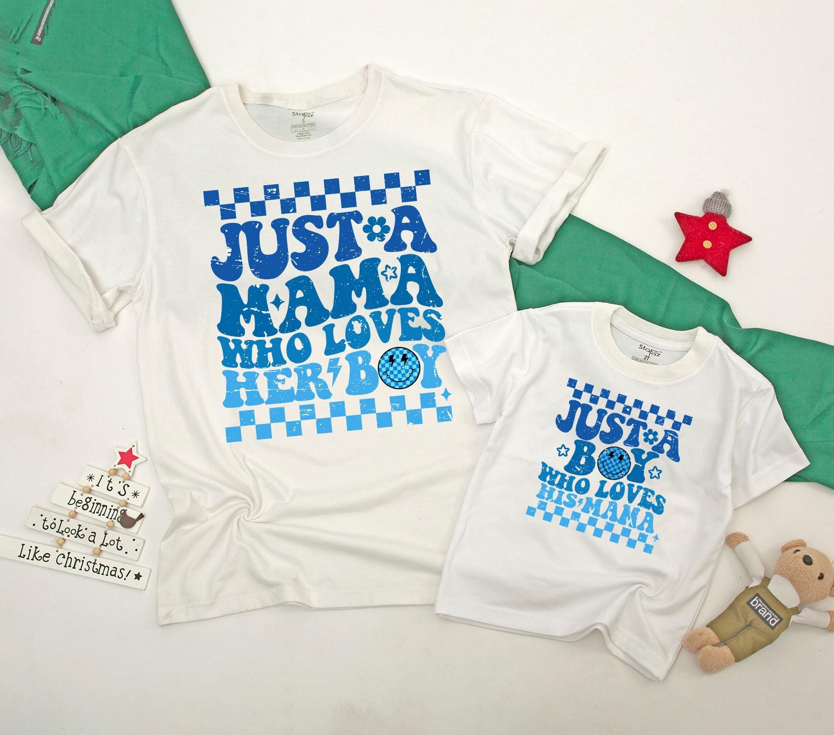 Mama and Boy Matching Shirts Retro Style Vibrant Blue Mother Son Outfit First Mother's Day Gift Family Bonding Smiley Face Design