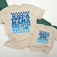 Mama and Boy Matching Shirts Retro Style Vibrant Blue Mother Son Outfit First Mother's Day Gift Family Bonding Smiley Face Design