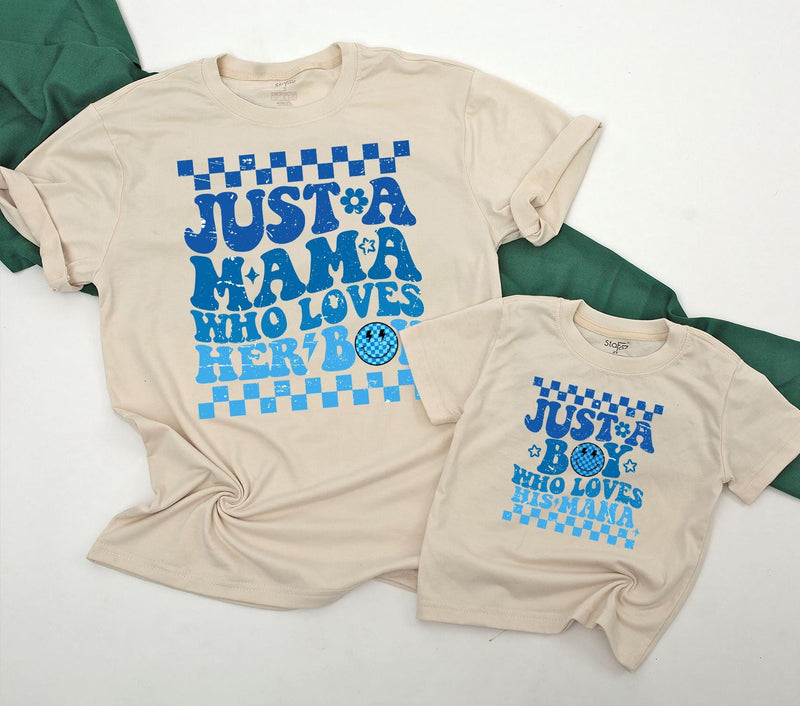 Mama and Boy Matching Shirts Retro Style Vibrant Blue Mother Son Outfit First Mother's Day Gift Family Bonding Smiley Face Design