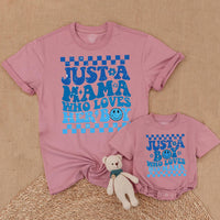 Mama and Boy Matching Shirts Retro Style Vibrant Blue Mother Son Outfit First Mother's Day Gift Family Bonding Smiley Face Design