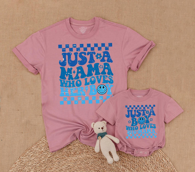 Mama and Boy Matching Shirts Retro Style Vibrant Blue Mother Son Outfit First Mother's Day Gift Family Bonding Smiley Face Design