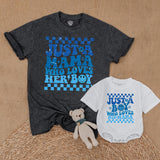 Mama and Boy Matching Shirts Retro Style Vibrant Blue Mother Son Outfit First Mother's Day Gift Family Bonding Smiley Face Design