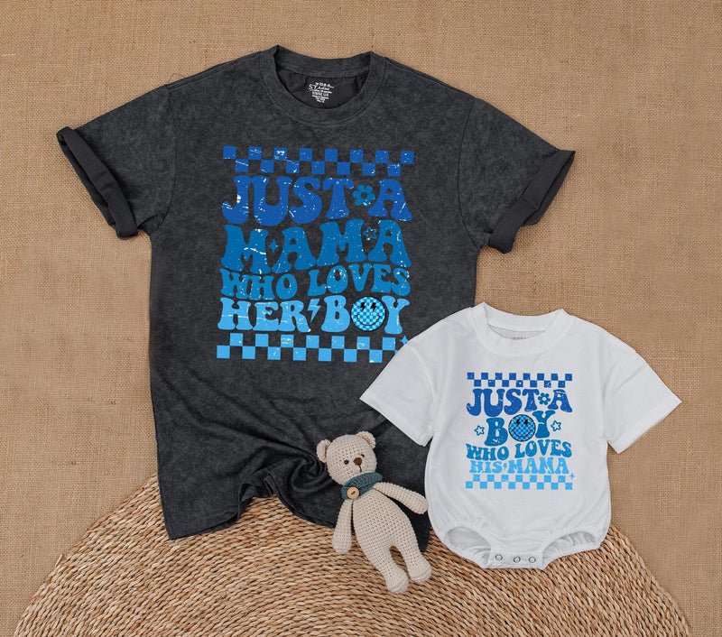 Mama and Boy Matching Shirts Retro Style Vibrant Blue Mother Son Outfit First Mother's Day Gift Family Bonding Smiley Face Design