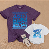 Mama and Boy Matching Shirts Retro Style Vibrant Blue Mother Son Outfit First Mother's Day Gift Family Bonding Smiley Face Design