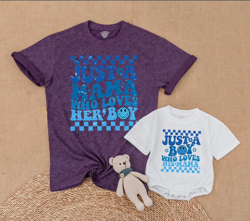 Mama and Boy Matching Shirts Retro Style Vibrant Blue Mother Son Outfit First Mother's Day Gift Family Bonding Smiley Face Design
