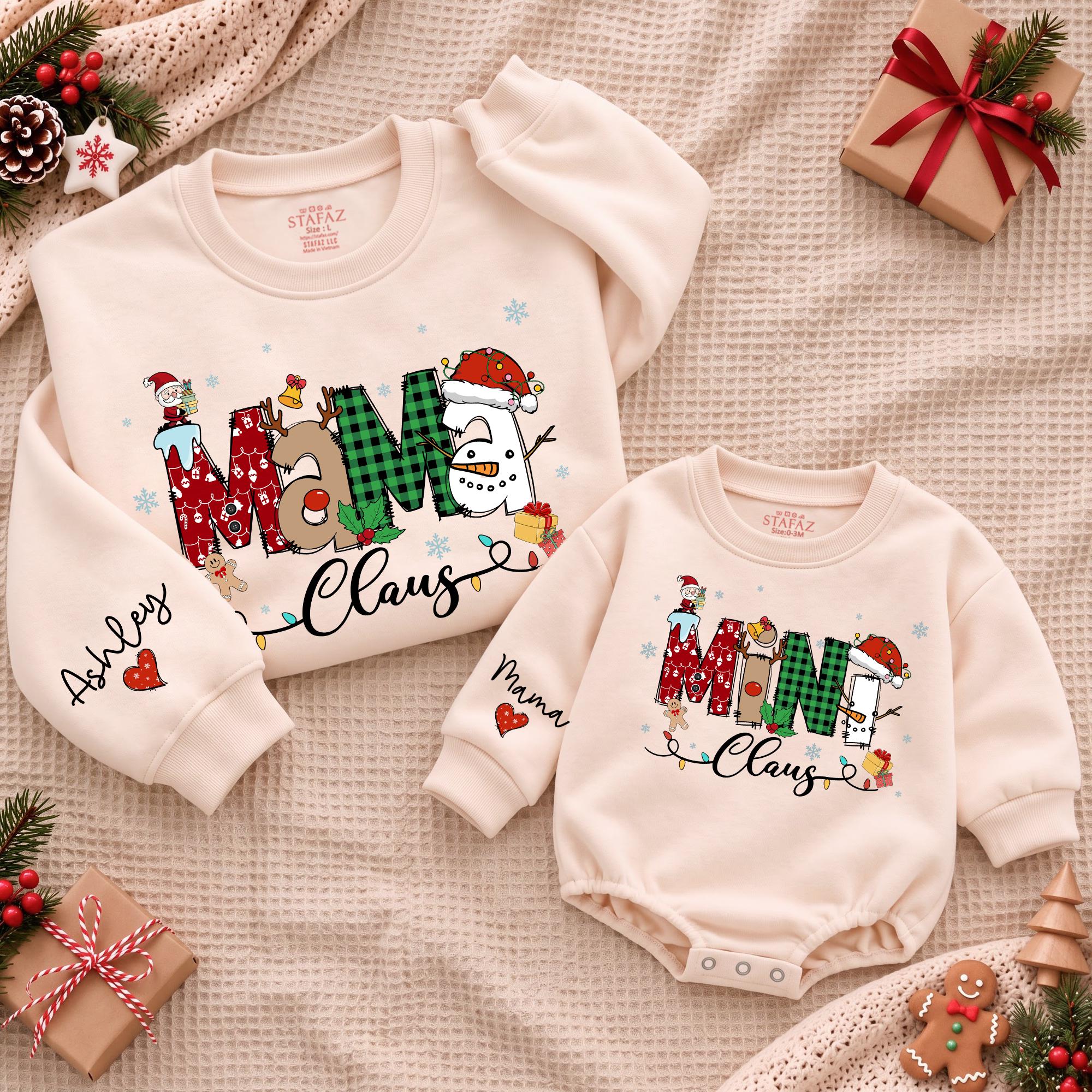 Mama Claus Christmas Sweatshirt and Baby Romper Set with Custom Names, Mommy and Me Holiday Matching Outfits for Festive Photos