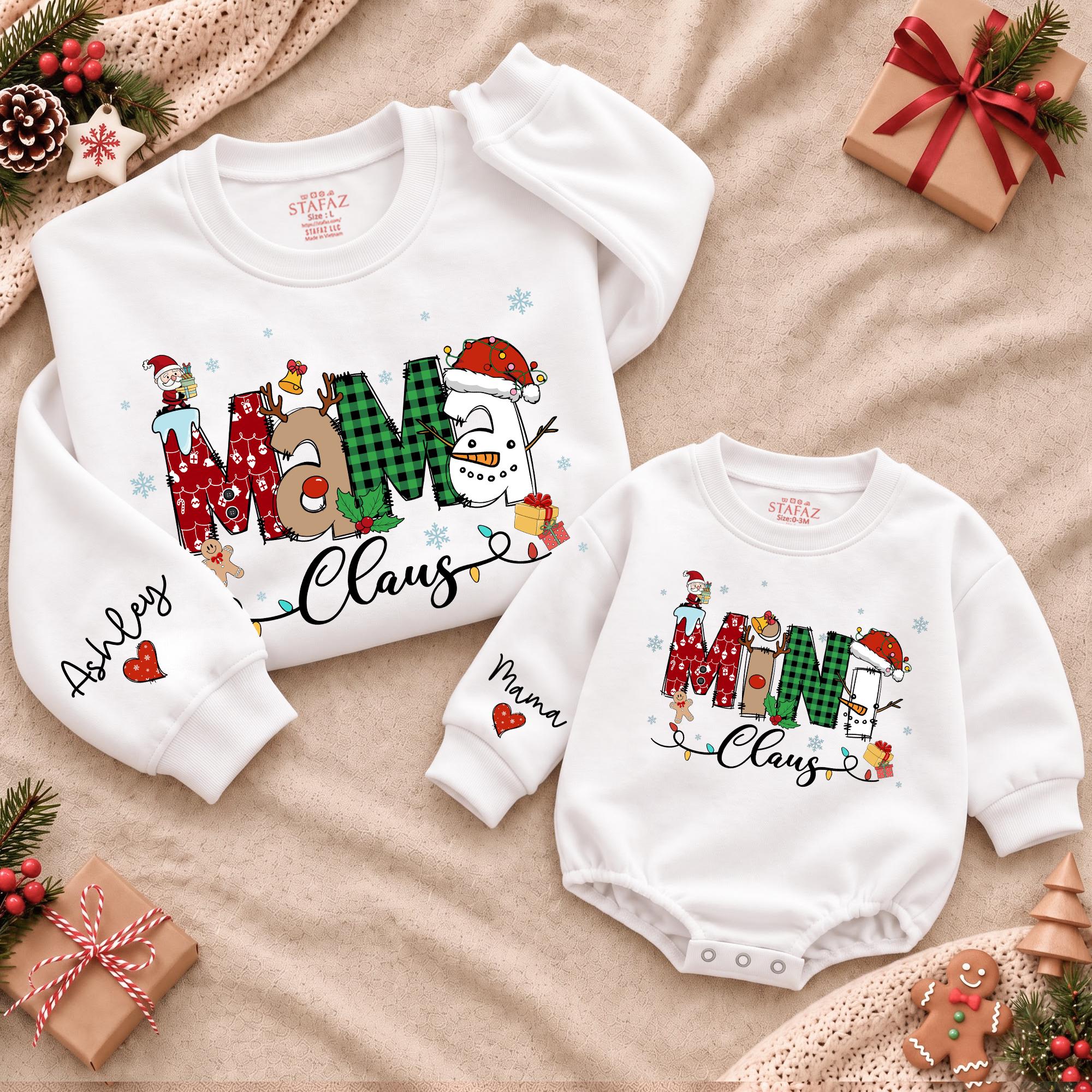 Mama Claus Christmas Sweatshirt and Baby Romper Set with Custom Names, Mommy and Me Holiday Matching Outfits for Festive Photos