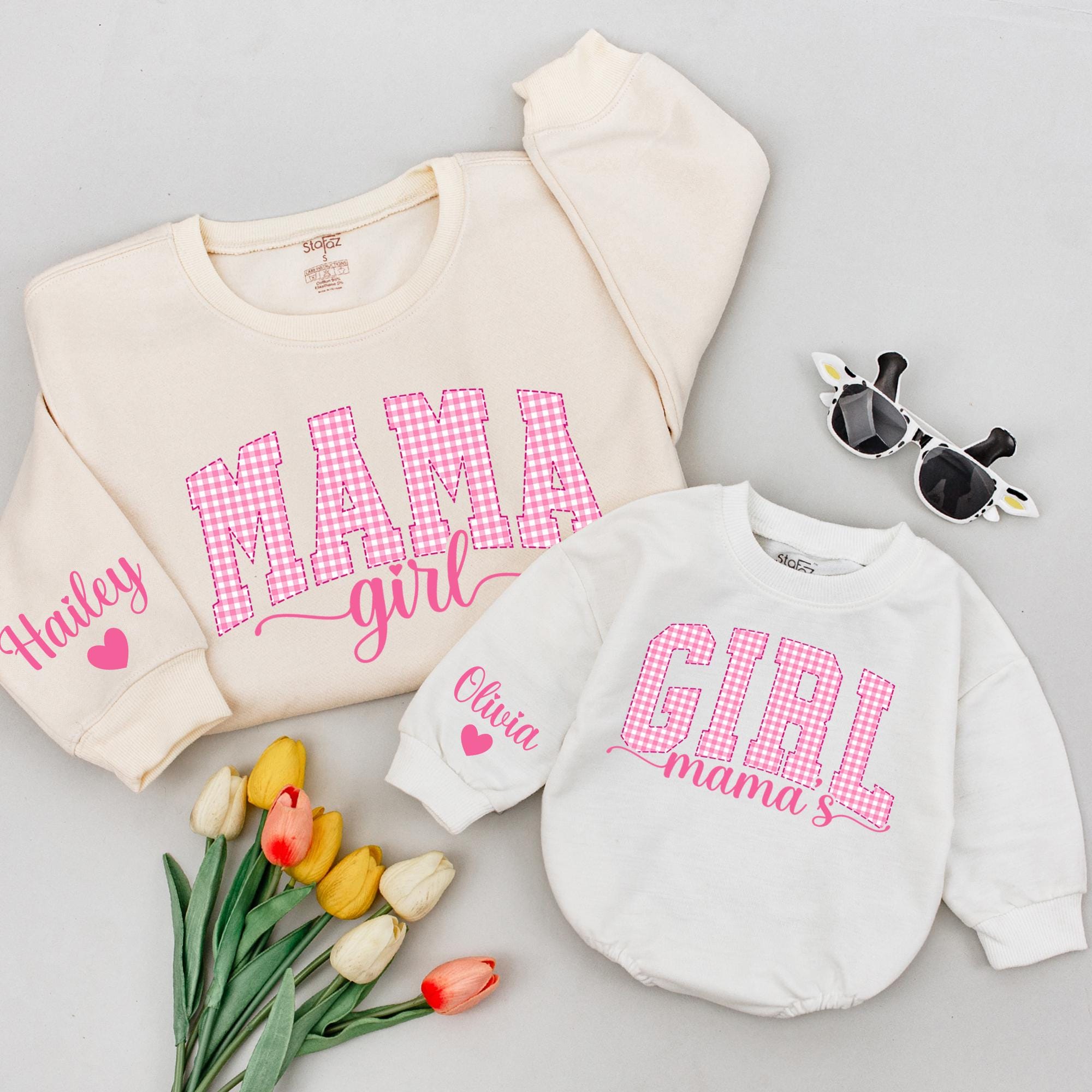 Mama Girl Pink Gingham Sweatshirt and Baby Bubble Romper with Custom Names, Matching Mommy and Me Outfits for Mother's Day