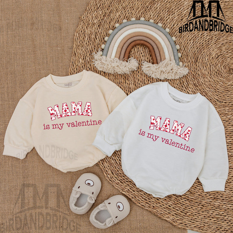 Mama is My Valentine Baby Bubble Romper Red Heart Design Infant Outfit Soft Cotton Newborn Bodysuit Holiday Celebration Gift