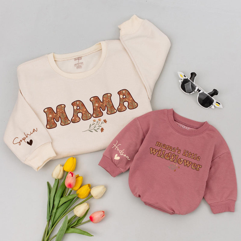 Mama and Little Wildflower Matching Outfit, Boho Floral Sweatshirt or Personalized Baby Romper