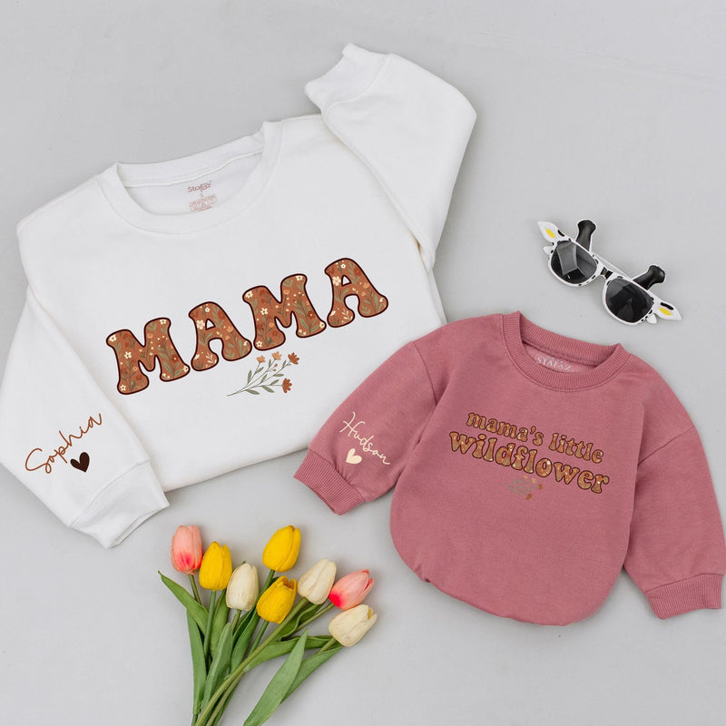 Mama and Little Wildflower Matching Outfit, Boho Floral Sweatshirt or Personalized Baby Romper