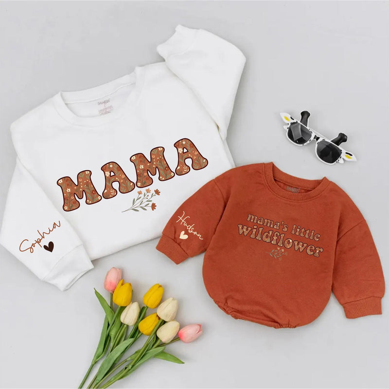 Mama and Little Wildflower Matching Outfit, Boho Floral Sweatshirt or Personalized Baby Romper