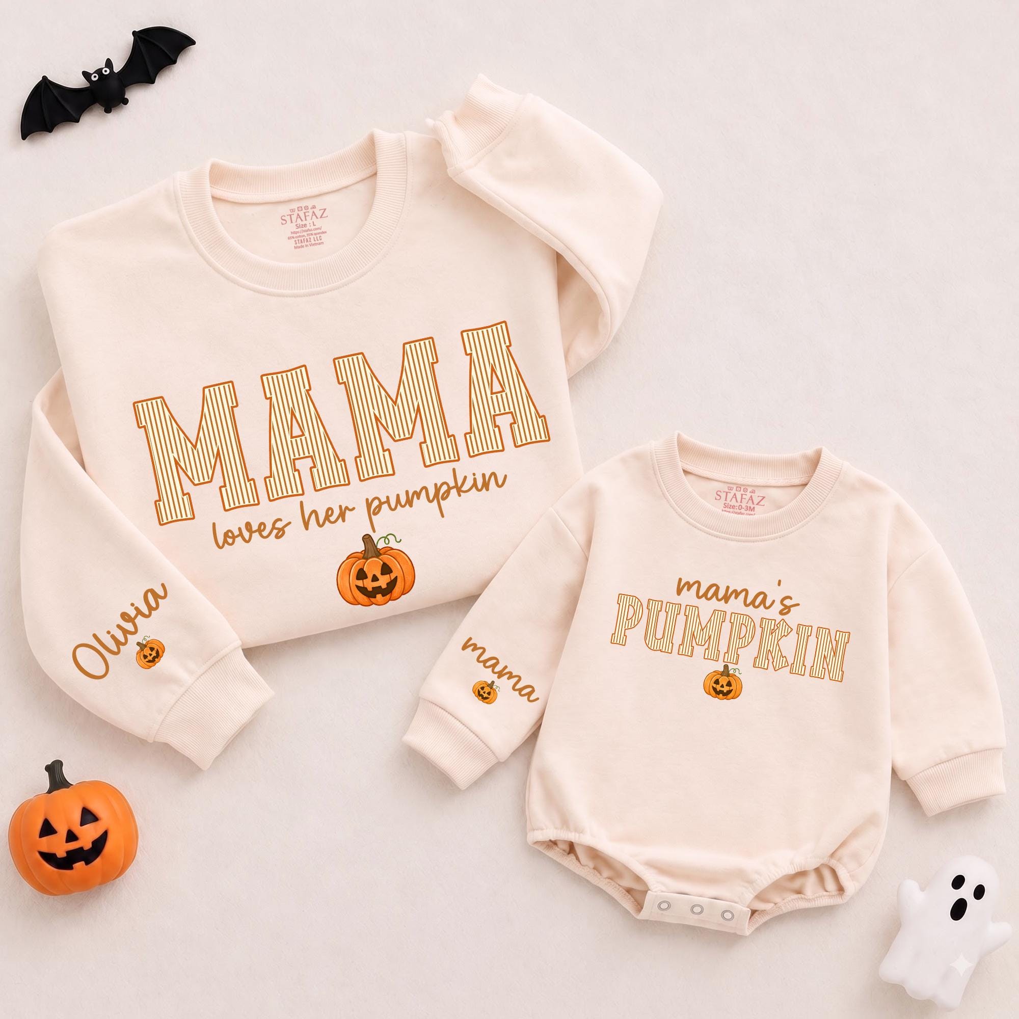 Mama Loves Her Pumpkin Matching Family Halloween Sweatshirt and Baby Romper with Custom Names, Fall Pumpkin Patch Outfits