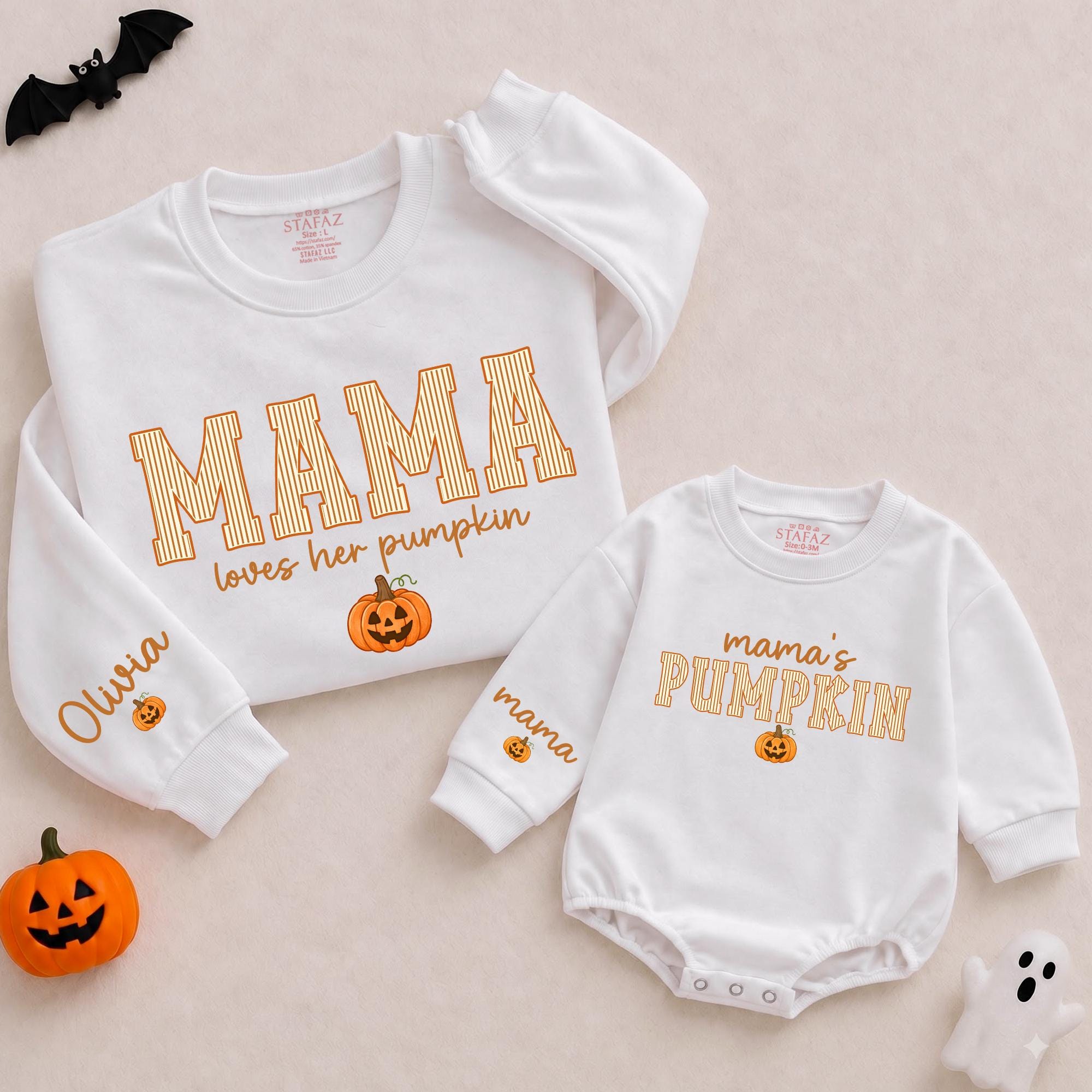 Mama Loves Her Pumpkin Matching Family Halloween Sweatshirt and Baby Romper with Custom Names, Fall Pumpkin Patch Outfits