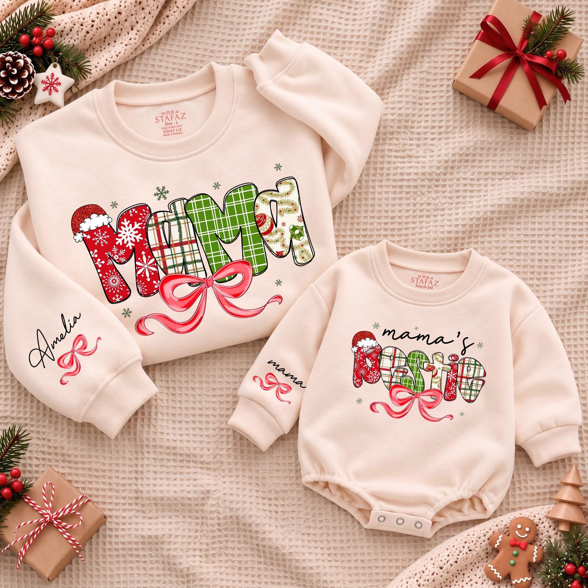 Mama and Mama's Bestie Christmas Matching Outfits with Custom Names, Festive Plaid and Bow Design, Mommy and Me Holiday Set