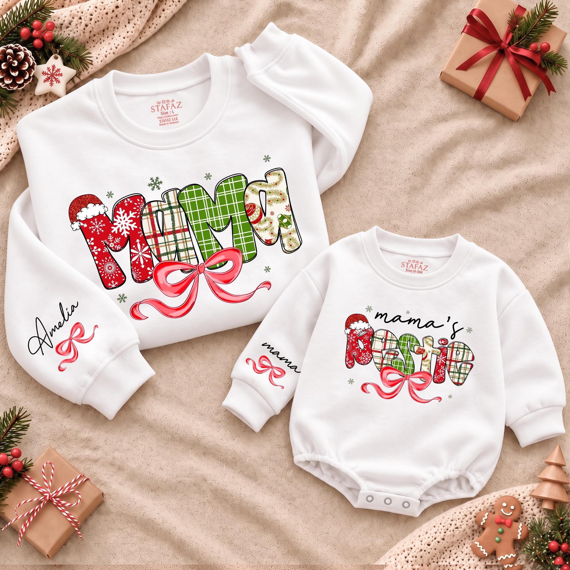 Mama and Mama's Bestie Christmas Matching Outfits with Custom Names, Festive Plaid and Bow Design, Mommy and Me Holiday Set