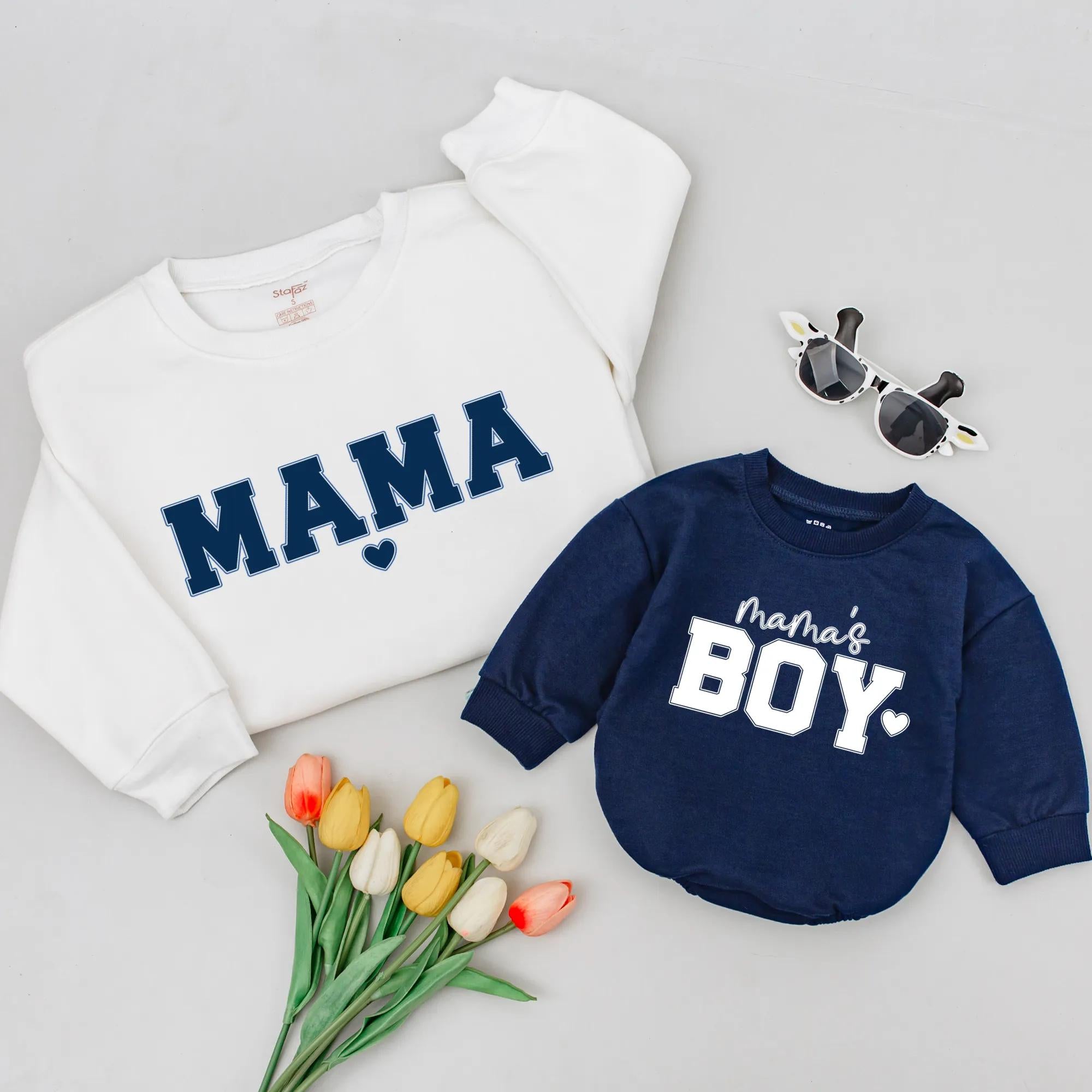 Mama and Mama’s Boy Matching Shirts with Heart Design, Navy and White Mommy and Me Outfits, Baby Boy Gift, Mother’s Day Sweatshirts