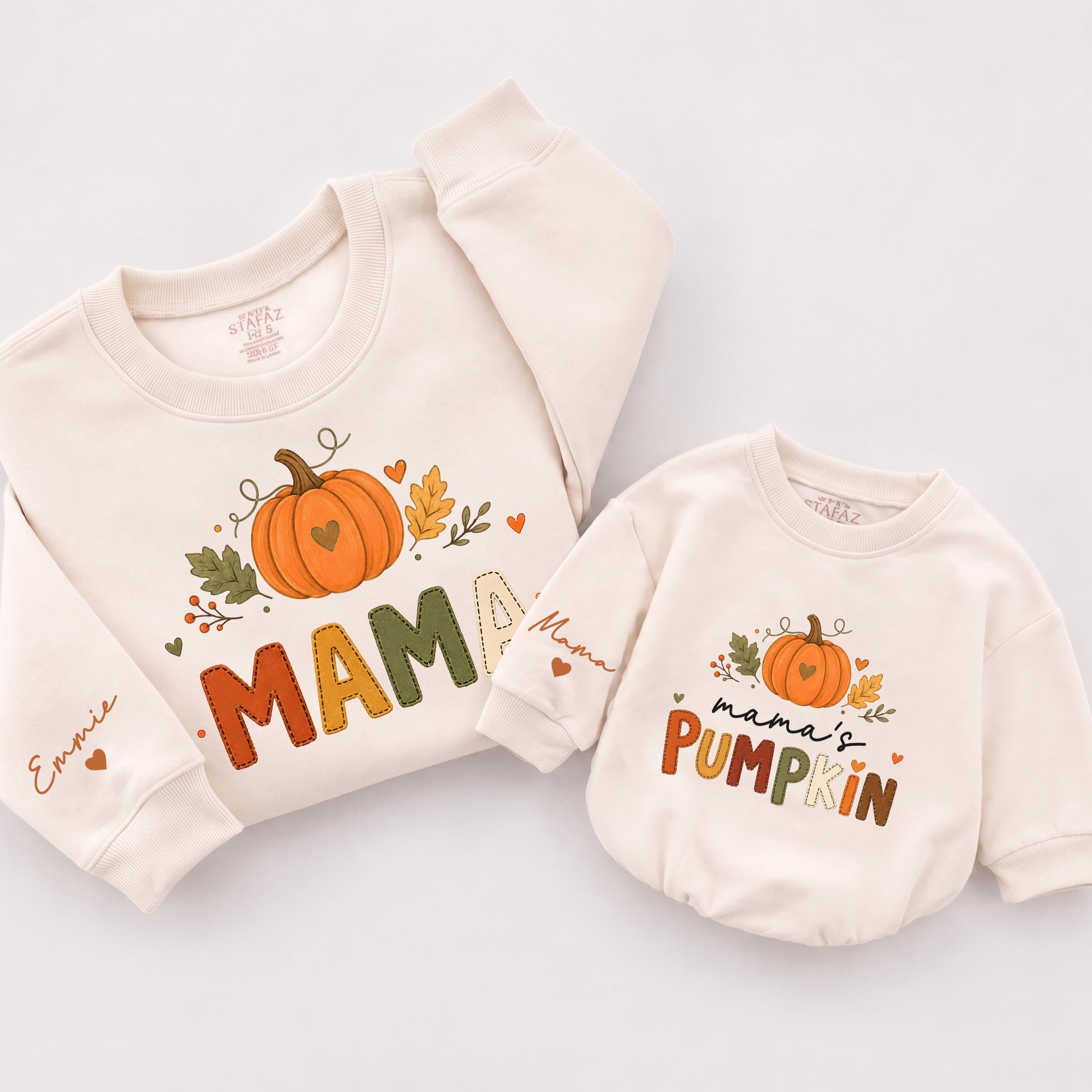 Mama and Mama's Pumpkin Matching Fall Sweatshirts with Custom Names, Mommy and Me Thanksgiving Outfits for Pumpkin Patch