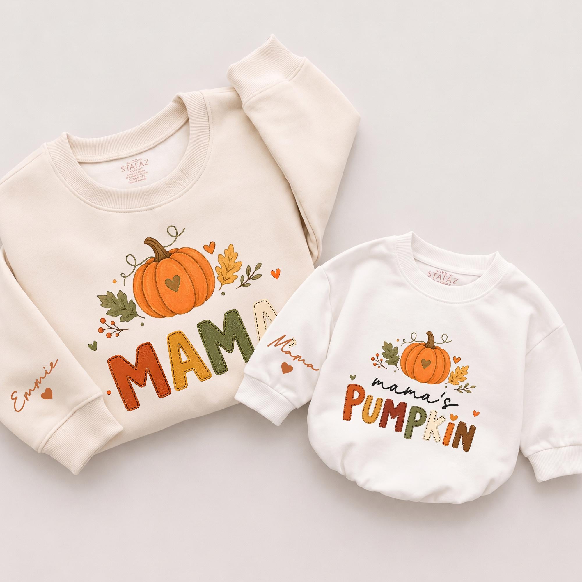 Mama and Mama's Pumpkin Matching Fall Sweatshirts with Custom Names, Mommy and Me Thanksgiving Outfits for Pumpkin Patch