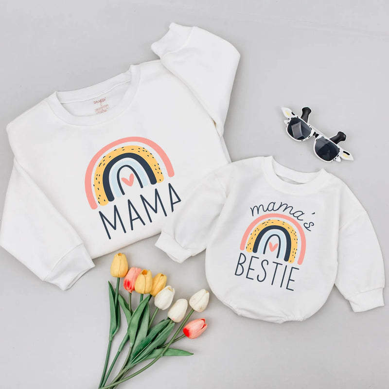 Mama and Me Matching Sweatshirts with Rainbow Design, Mama and Mama's Bestie Shirts for Mother Daughter, Soft Boho Family Outfit Gift