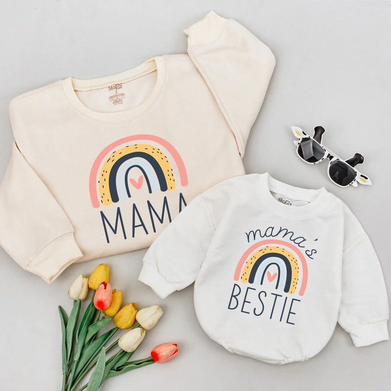 Mama and Me Matching Sweatshirts with Rainbow Design, Mama and Mama's Bestie Shirts for Mother Daughter, Soft Boho Family Outfit Gift