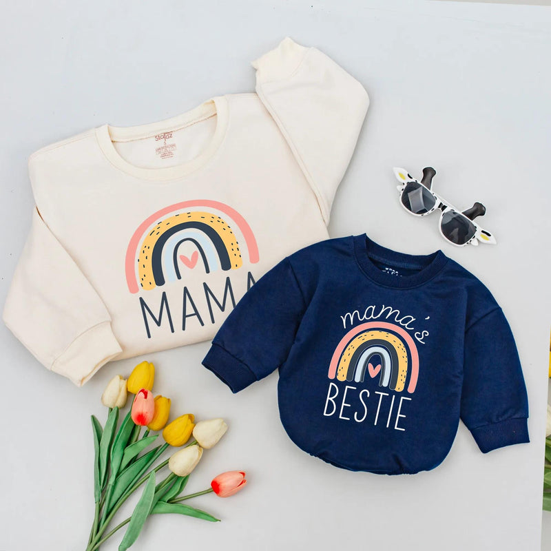 Mama and Me Matching Sweatshirts with Rainbow Design, Mama and Mama's Bestie Shirts for Mother Daughter, Soft Boho Family Outfit Gift